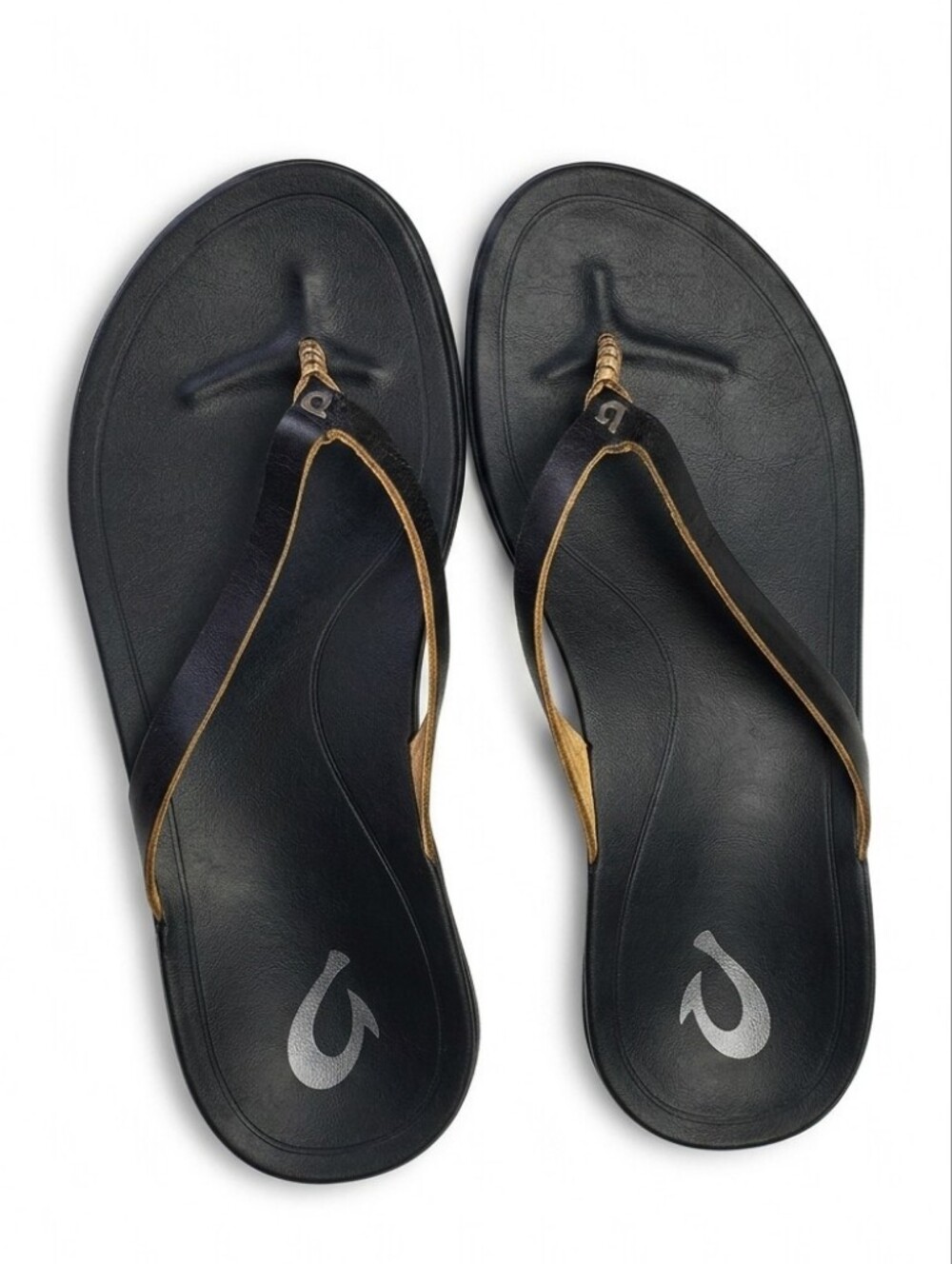 OluKai Ho'opio Black Leather Flip Flops | Size 6
